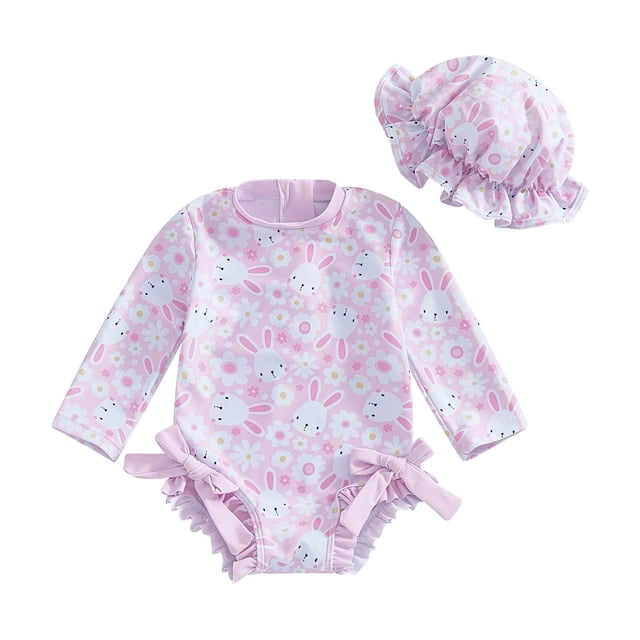 MIASHUI Girls One Piece Rash Guard Swimsuit Long Sleeve Bathing Suit with Hat,Light Pink,2-3 Years