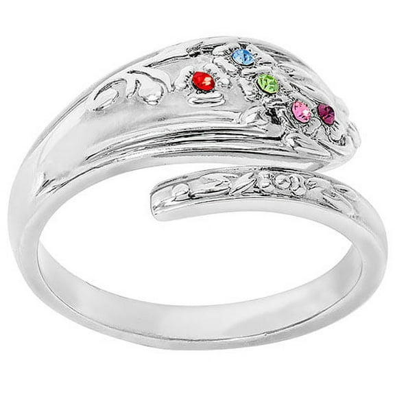 Personalized Planet Silver Family Birthstone Bypass Spoon Ring ,Women's