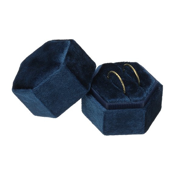 Velvet Ring Box, 2 Slot Hexagon Wedding Ring Display Holder Box Jewelry Ring Gift Case for Wedding Ceremony Proposal Engagement, Dark Blue