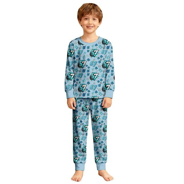 67 Socks Boys Long Sleeve Pajama Set Fashion Print Two Piece Loungewear Soft Comfortable Kids Sleepwear Outfit for Children