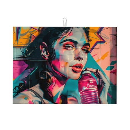 

Tebeau Vibrant Street Art Portrait Print Dish Drying Mat for Kitchen Counter Dish Drying Pad with Non-slip Rubber Backed Hide Stain Anti Absorbent for Kitchen Counter Drying Mat