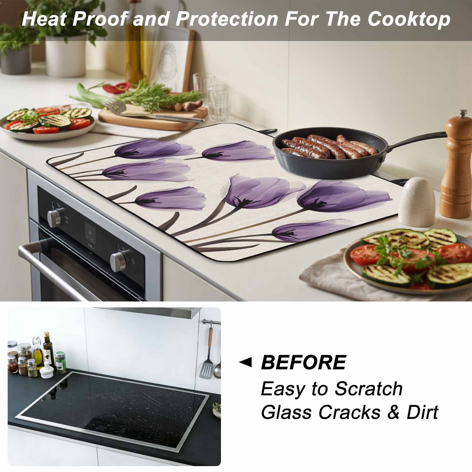 Purple Tulip Flower Stove Top Cover for Electric Stove, Heat-proof & Non Slip Glass Top Stove Cover Protector, Aesthetics Farmhouse Floral Plant Kitchen Flat Cooktop Rubber Mat 24x21 Inches