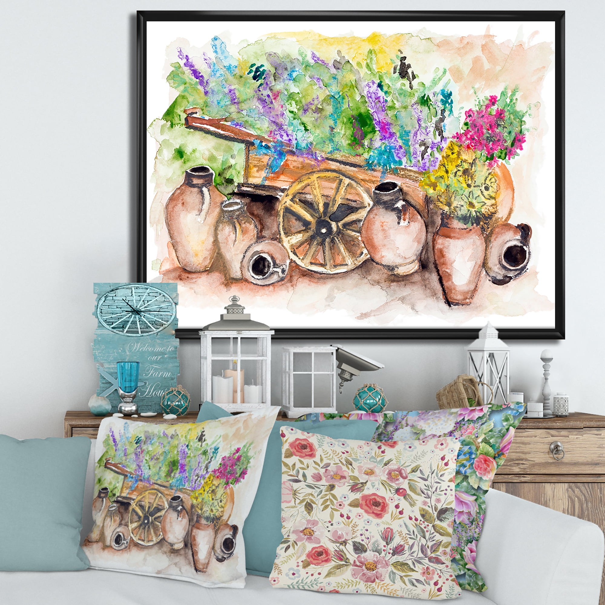 Designart 'Lavender Flowers On Ancient Cart Illustration' Traditional Framed Canvas Wall Art Print