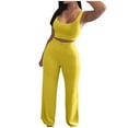 thumbnail image 2 of HUANBAI Two Piece Sets For Women Summer Outfits Sets Neck Tops Wide Leg Crop Pants Vacation Travel Outfits Women's Solid Sleeveless Scoop Neck Crop Tank Top Casual Sleepwear, 2 of 4