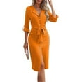 thumbnail image 3 of Fall Saving! HVOBTTY Women's Elegant Shirt Dress, Fall Party Dresses for Women, Women's Casual Solid Color Lapel Long Sleeve Elegant Split Midi Dress Orange, M, 3 of 5