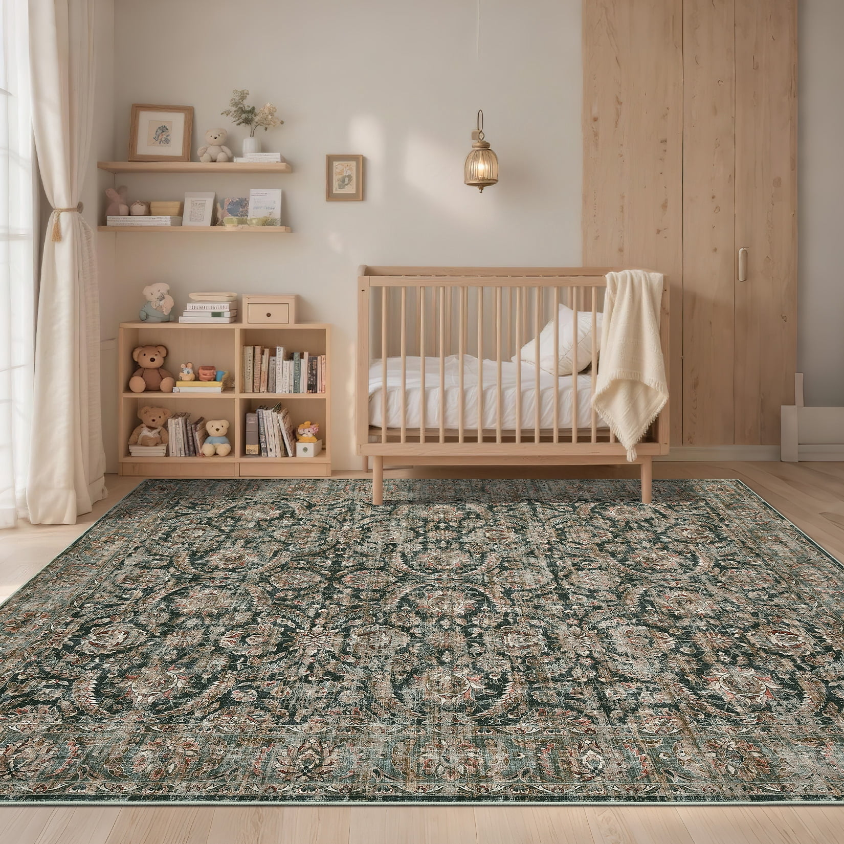Garvee 5'x7' Vintage Area Rugs Washable Rugs, Non Slip Low Pile Rug Stain Resistant Contemporary Indoor Soft Carpet for Living Room Bedroom Dining Room, Black
