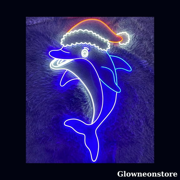 Glowneon Dolphin Christmas Neon Sign, Dolphin With Santa Hat LED Sign, Dolphin Lover Gift