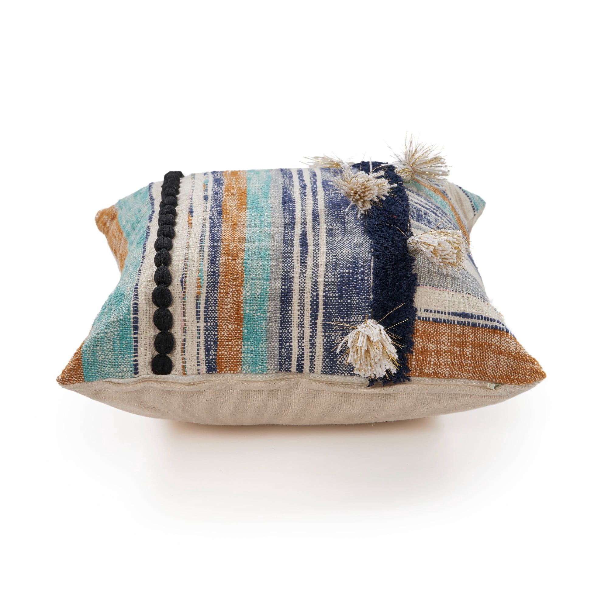 Laddha Home Designs Handwoven Coastal Geometric Striped Square Throw Pillows - 18" - Blue and Tan -