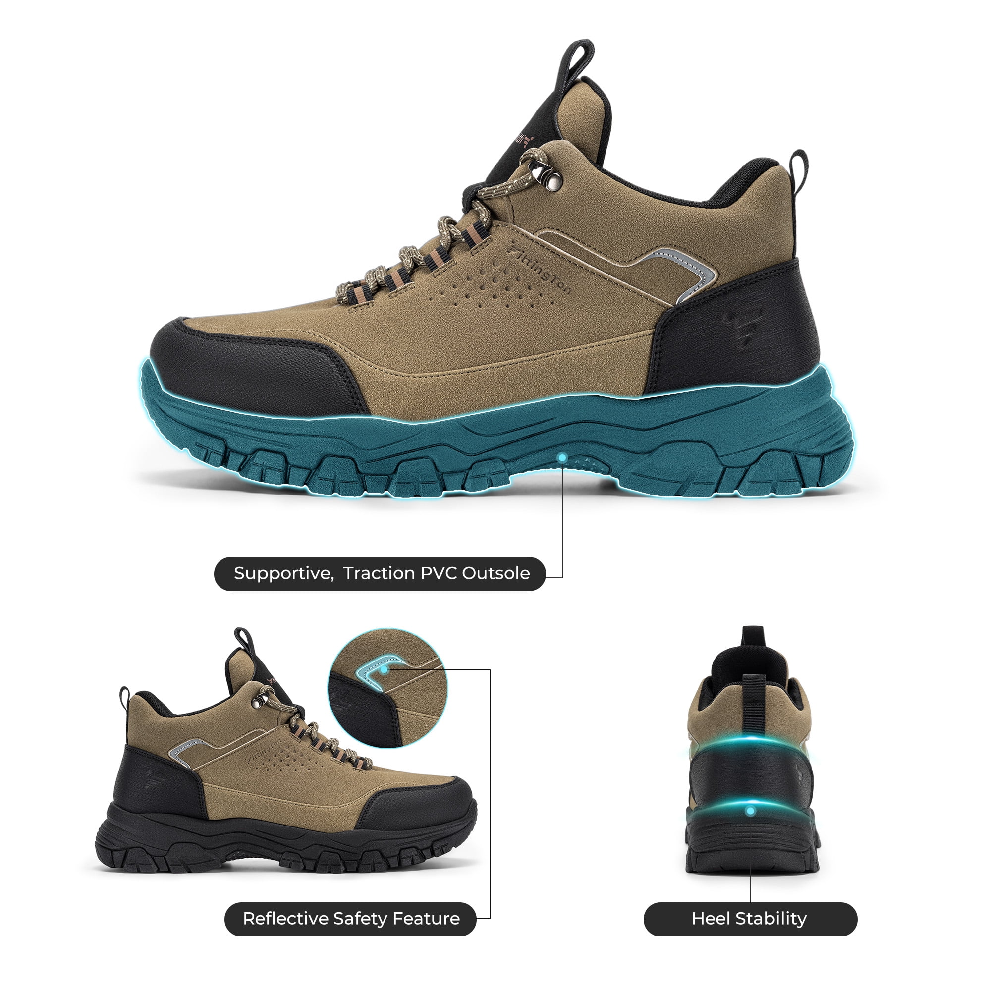Fittington Men's Walking Hiking Shoes Outdoor Trekking Athletic shoes Arch Support | Reflective Safety Feature | Dark Brown/Black