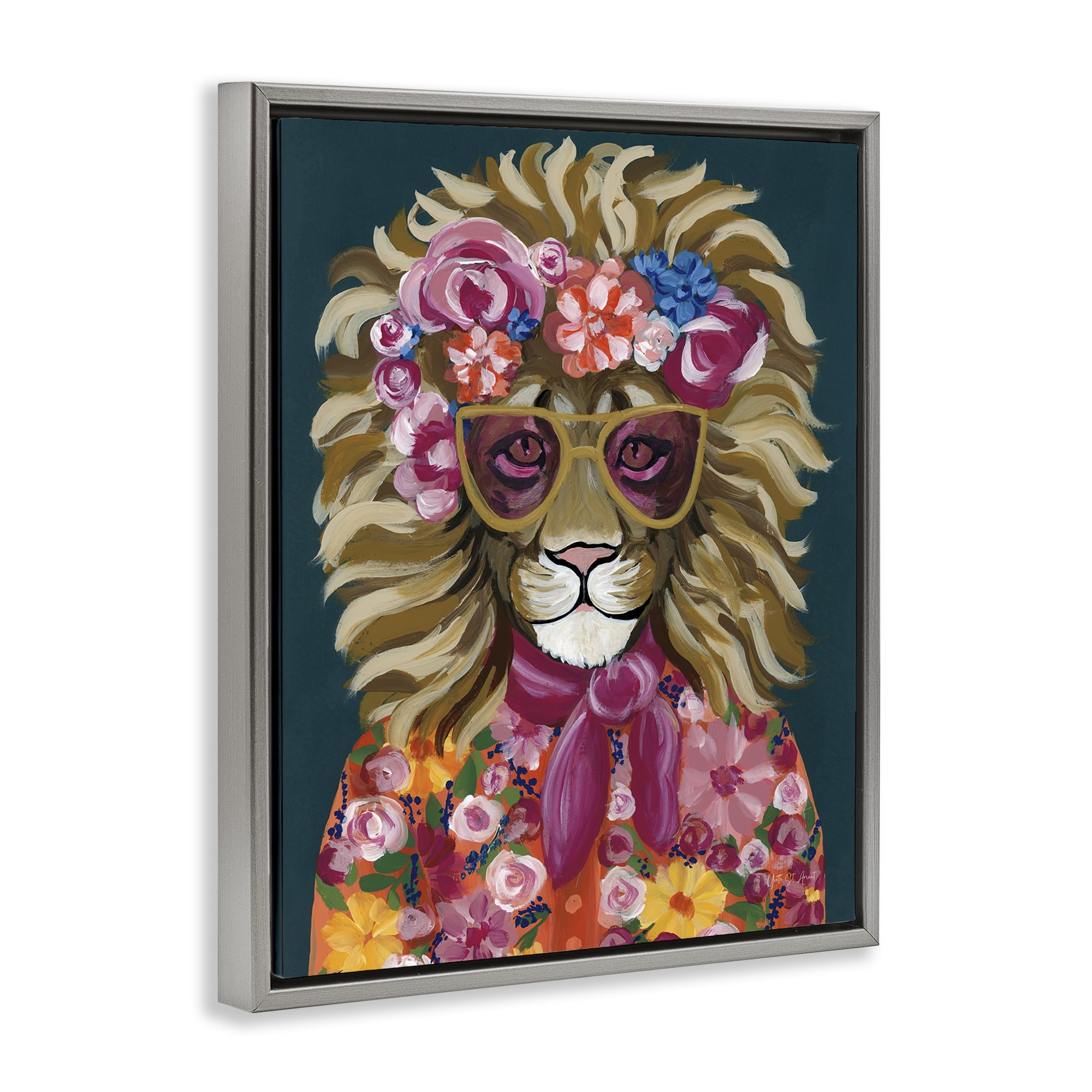 Stupell Industries Miami Living Lion Animals Painting Gray Floater Framed Canvas Art Print Wall Art, 17 x 21