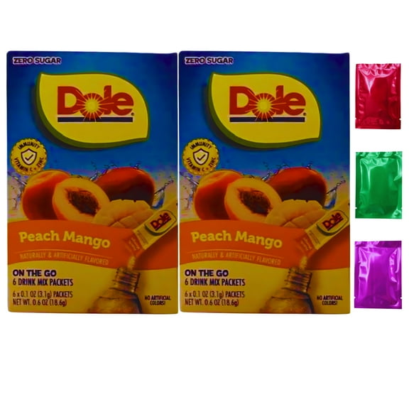 Dole Zero Sugar On-The-Go Peach Mango Drink Mix, (2 Boxes, 12 Total Servings) No Artificial Colors or Flavors Low Calorie Singles Tropical Flavored Instant Drinks with Bonus Snoep in Beperkte Oplage