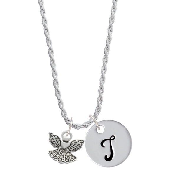 Delight Jewelry Silvertone Small Angel with Heart Silvertone Script Initial Disc - T - Charm Necklace, 20"+3"