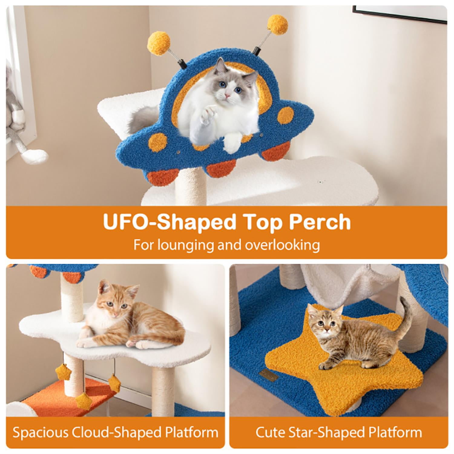 Kadyn Cat Tree with Toy, Cat Tower Condo for Indoor Cats with UFO Top Perch Space Capsule, Cozy Hammock and Sisal Scratching Posts, Blue