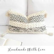 Della boho textured lumbar throw pillow 12x20, cream and black color pillow cover (1 piece, cover only)