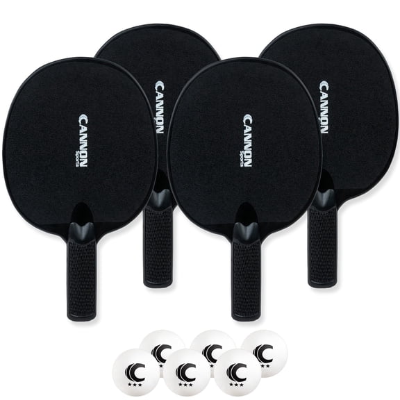 Cannon Sports Unbreakable Table Tennis Paddle Set - 4 Rackets with 6 Pack of 3-Star Table Tennis Balls – Portable Set for 4 Players (4 Black Paddles 6 White Balls)