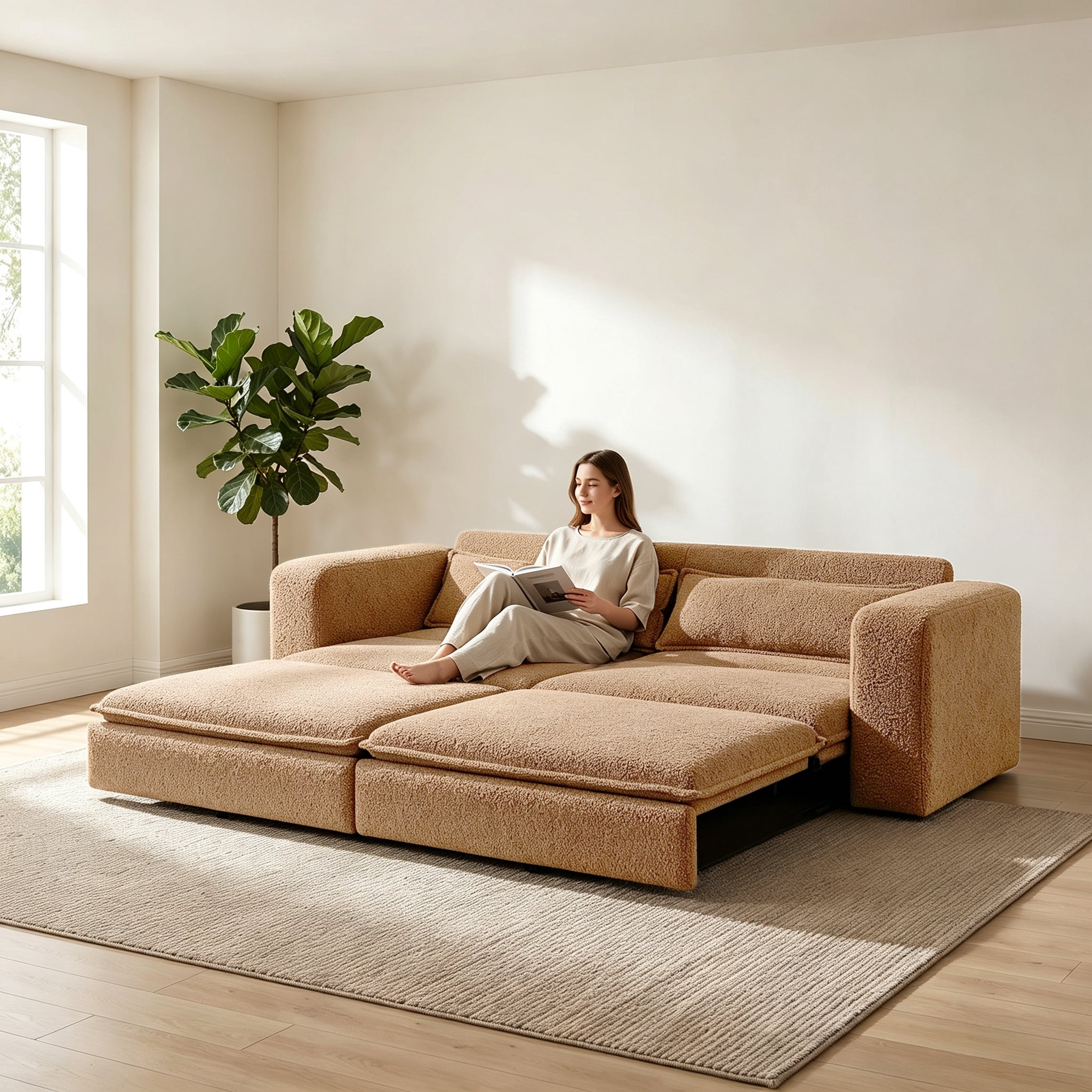 3-in-1 King Size Sleeper Sofa Bed, 93" Sherpa Fleece Pull Out Couch with Wide Armrests & Deep Seat, Modern Convertible Futon Lounge Sofa with 2 Pillows, Camel