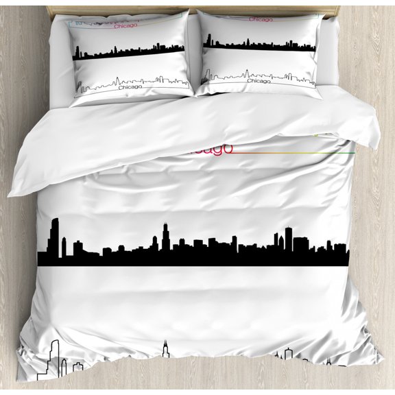 Chicago Skyline King Size Duvet Cover Set, Metropolis City Panorama in Linear Rainbow Black Tones Architecture Modern, Decorative 3 Piece Bedding Set with 2 Pillow Shams, Multicolor, by Ambesonne