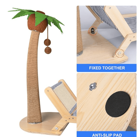 Cat Scratch Post with Lounge 2 in 1, 29.5 Inch Tall Palm Tree Cat Scratching Post for Indoor Cats, Sisal Rope Scratching Posts with Beach Chair for Cat Kitten Play and Rest