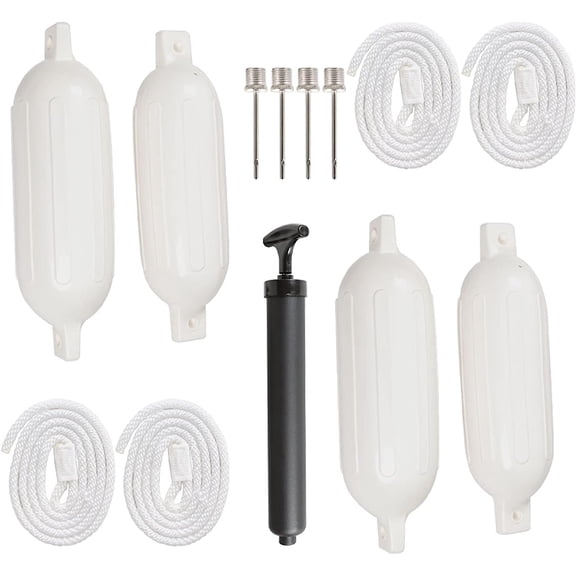 labwork 4Pcs Vinyl Ribbed Marine Boat Fenders with Fender Lines White 8.5 x 27 Inches