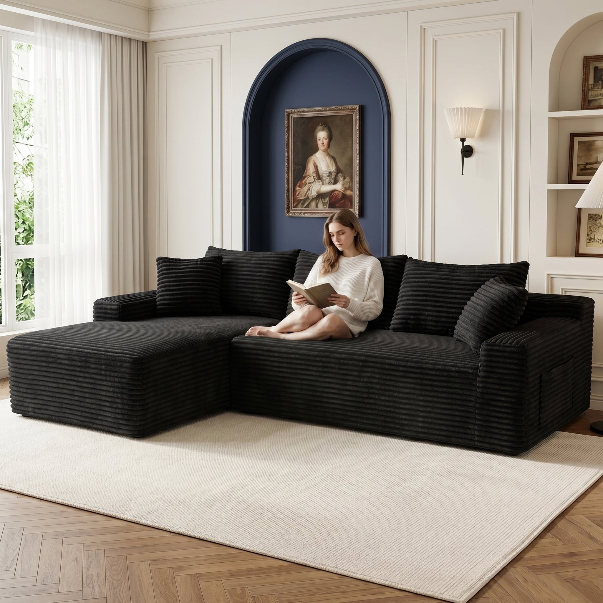 Xiweot 95" Cloud Sectional Sofa Deep Seat Boneless Couch L-Shaped Modular Couch, Modern Left Chaise Corduroy Upholstered Sofa with Side Pockets for Living Room, Black