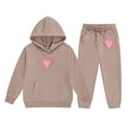 thumbnail image 2 of GobdXE Girls 2 Piece Fall Winter Tracksuit Double Intertwined Heart Print Pullover Hoodie with Kangaroo Pocket and Drawstring Jogger Pants Casual Kids Clothing Set 12-13 Years,Khaki, 2 of 3