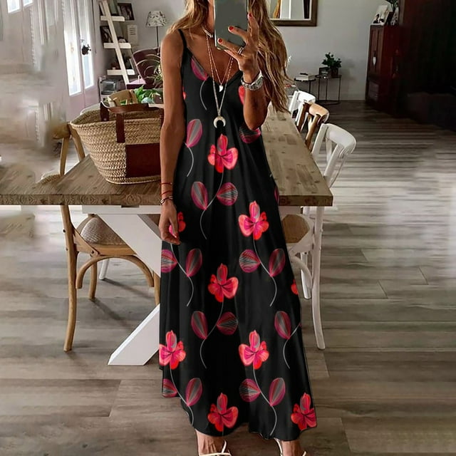SMihono Robe Maxi Bohème d'Été pour Femmes Grande Taille Mode pour Femmes à Bretelles Taille Mi-Haute Col en V Sans Manches à Rayures Imprimées Ajustée Robe Longue de Plage Robe Évasée de Plage
