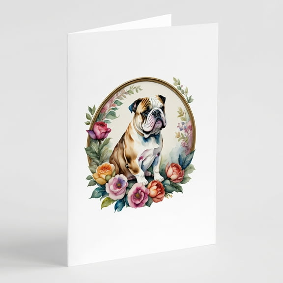 English Bulldog and Flowers Greeting Cards and Envelopes Pack of 8 7 in x 5 in