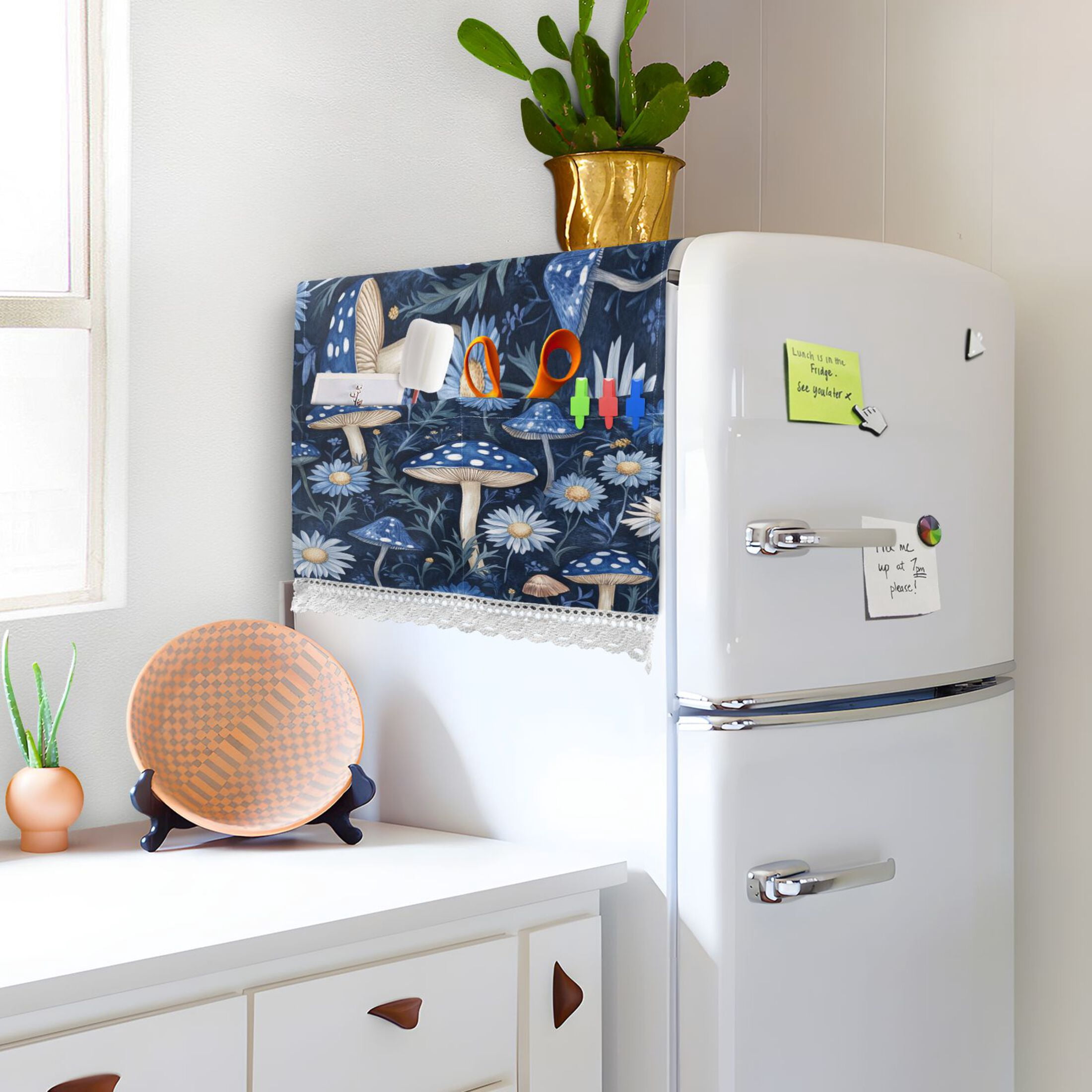 Blue MushroomWasher and Dryer Covers Dust-Proof and Oil Resistant Fridge Cover with 4 Storage Pockets Washing Machine Top Cover for Laundry Kitchen Home 51.2 x 22 In