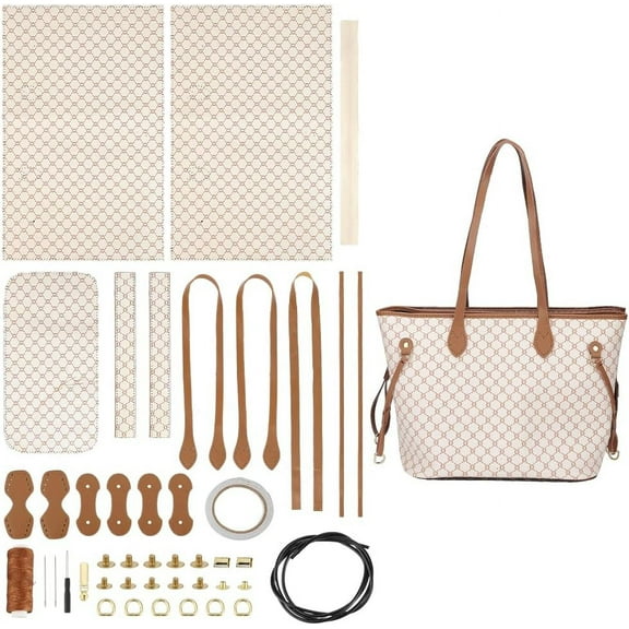 DIY PU Leather Tote Bag Kit DIY PU Leather Shoulder Bags Sew on Making Kit Handmade Handbag Sewing Material Tools Set Handmade Purse Craft Making Project Personalized Women Gift Beige