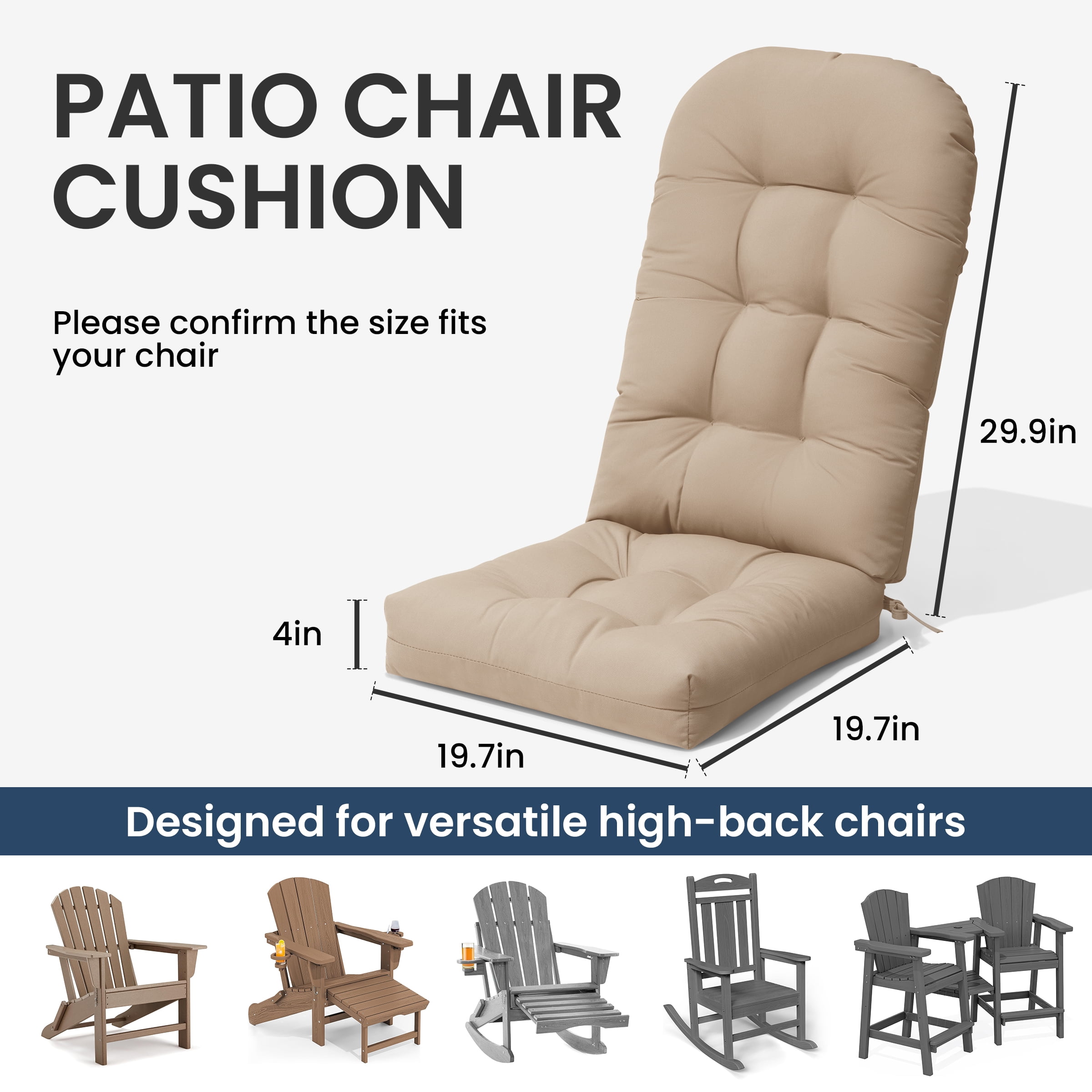 Crestlive 50x20x4 Inch Adirondack Chair Cushion, Outdoor Rocking Chair Cushions Water Resistant High Back Patio Chair Cushions Set of 2, Replacement Cushions，Beige