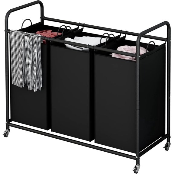 SUOERNUO 3-Bag Laundry Sorter Cart with Wheels – Heavy Duty Rolling Hamper with Removable Bags for Laundry Room Organization (Black)