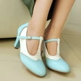 thumbnail image 2 of Blue Women Pu Chunky Heel High Heels Color Block Round Toe T-Bar Buckle British Style Casual, 2 of 6