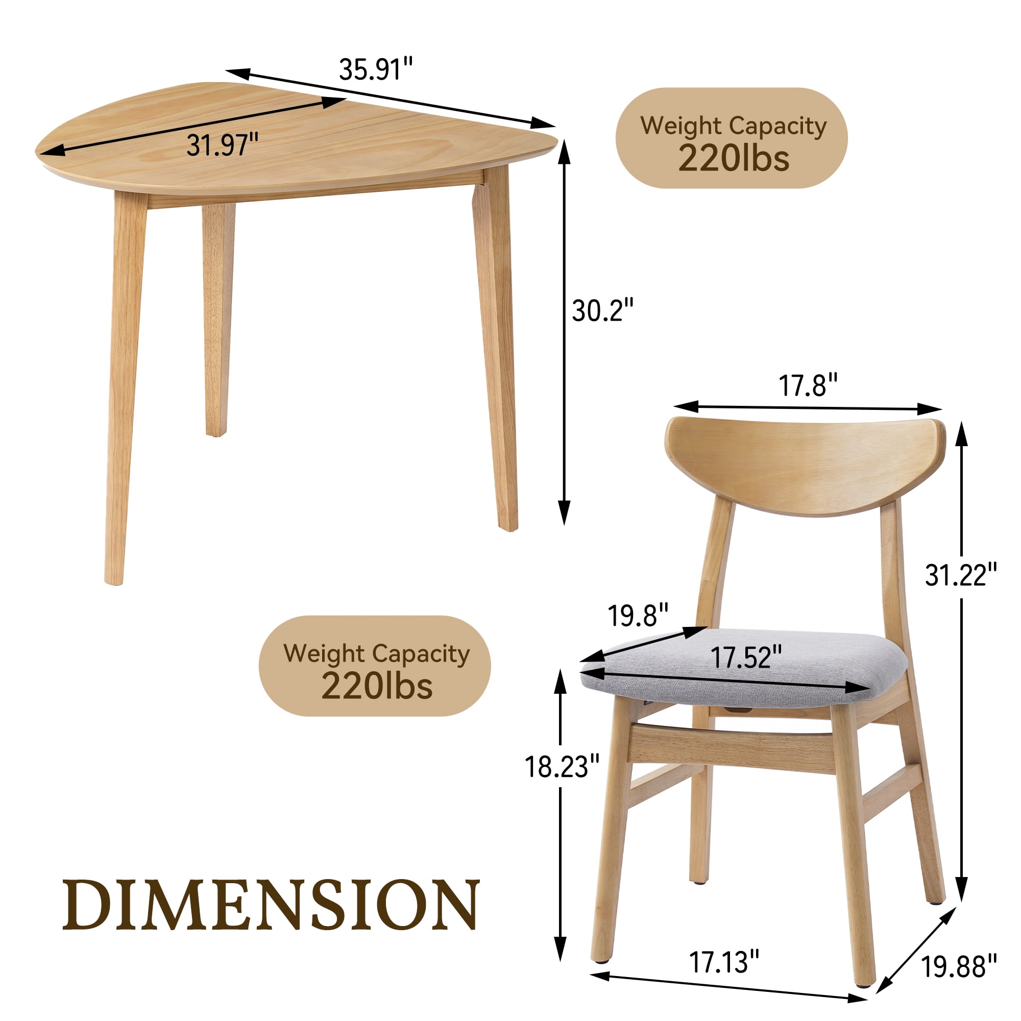 GARITIN 3-Piece Modern Table Set, Triangular Side Table & 2 Curved Wood Chairs, Minimalist Space-Saving Dining Set for Living Room Kitchen Small Space, Natural
