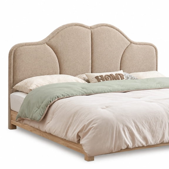 California King & King Size Headboard Only, One-Piece Upholstered Headboard with Adjustable Height and Width, Modern Curved Chenille Fabric Padded Headboard, Light Brown