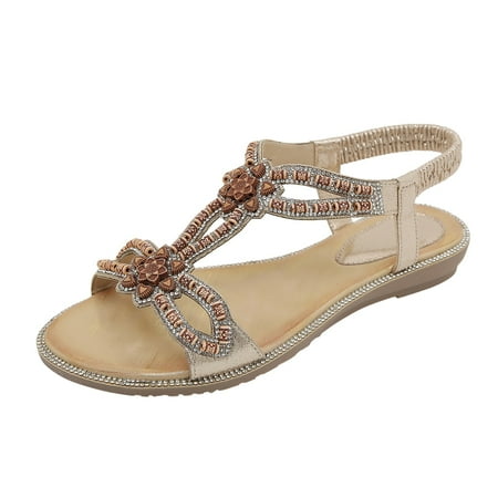 

Yzengfg Women s Summer Fashion Bohemian Style Open Toe Sandals Flat Bottom Rhinestone Sandals Womens Water Sandals Wide