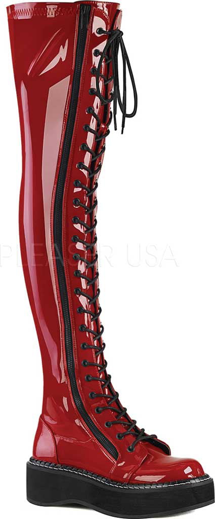 DEMONIA EMI375/R Goth 2" Platform Lace-Up Stretch Red Thigh High Women Boots 
