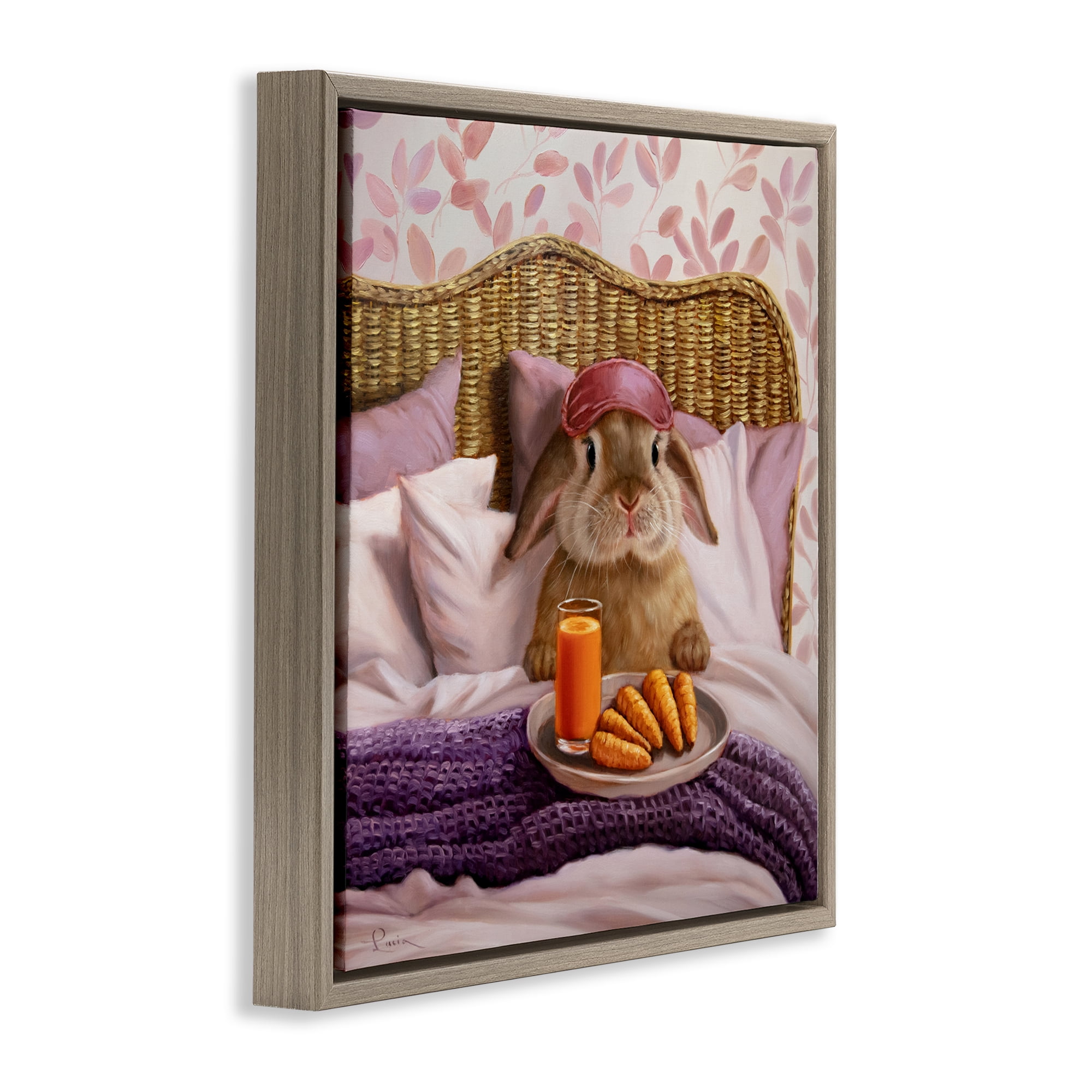 Stupell Industries Hoppy Meal Bunny in Bed Brown Framed Floater Canvas Wall Art, design by Lucia Heffernan