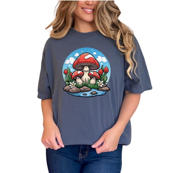 Whimsical Mushroom T-Shirt, Fantasy Nature Art Tee, Cute Toadstool Design, Unique Graphic Shirt, Fun Outdoor Print, Casual Wear Top, Denim Comfort Colors T-Shirt, Small