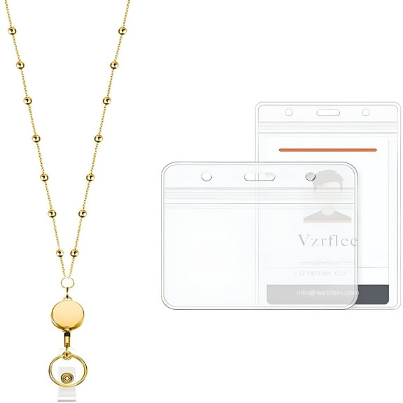DESIGNICE Retractable Badge Reel Lanyard with 2 Pieces ID Holder for Women,Beaded Chain Stainless Steel Lanyard Necklace Water Resistant Name Badge Holder (Gold)