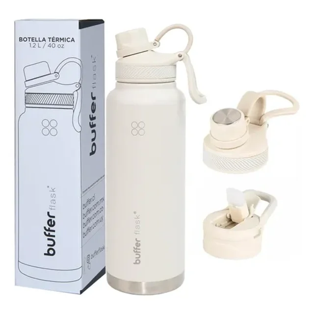 BUFFER FLASK Termo de Acero Inoxidable 1200ml - Botella Térmica Antigoteo y Hermética - Termo Acero para Agua Fría 24h y Caliente 12h - Termo Termal con Tapas - Termos para Agua - Ivory - 40 Oz