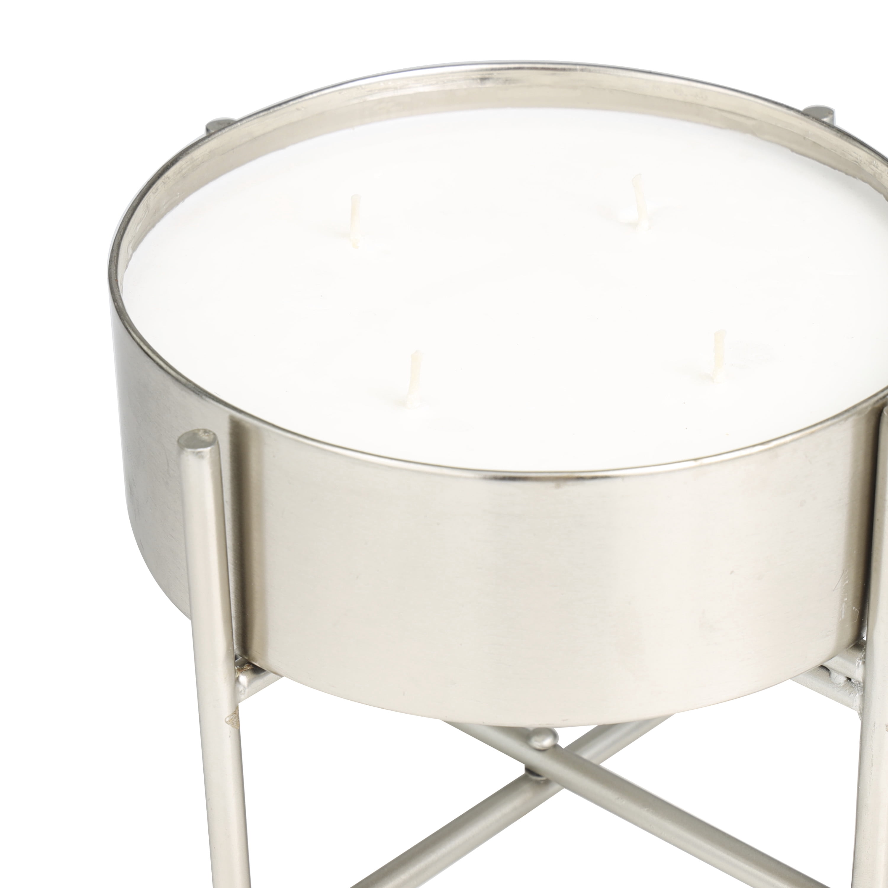 CosmoLiving by Cosmopolitan Silver Metal Sweet Bamboo Scented Wide 55 oz 4 Wick Candle with White Wax