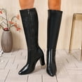 thumbnail image 2 of Fall Knee High Boots for Women White Black Leather Pointed Toe Chunky High Heel Winter Dress Tall Boots with Side Zipper, 2 of 7