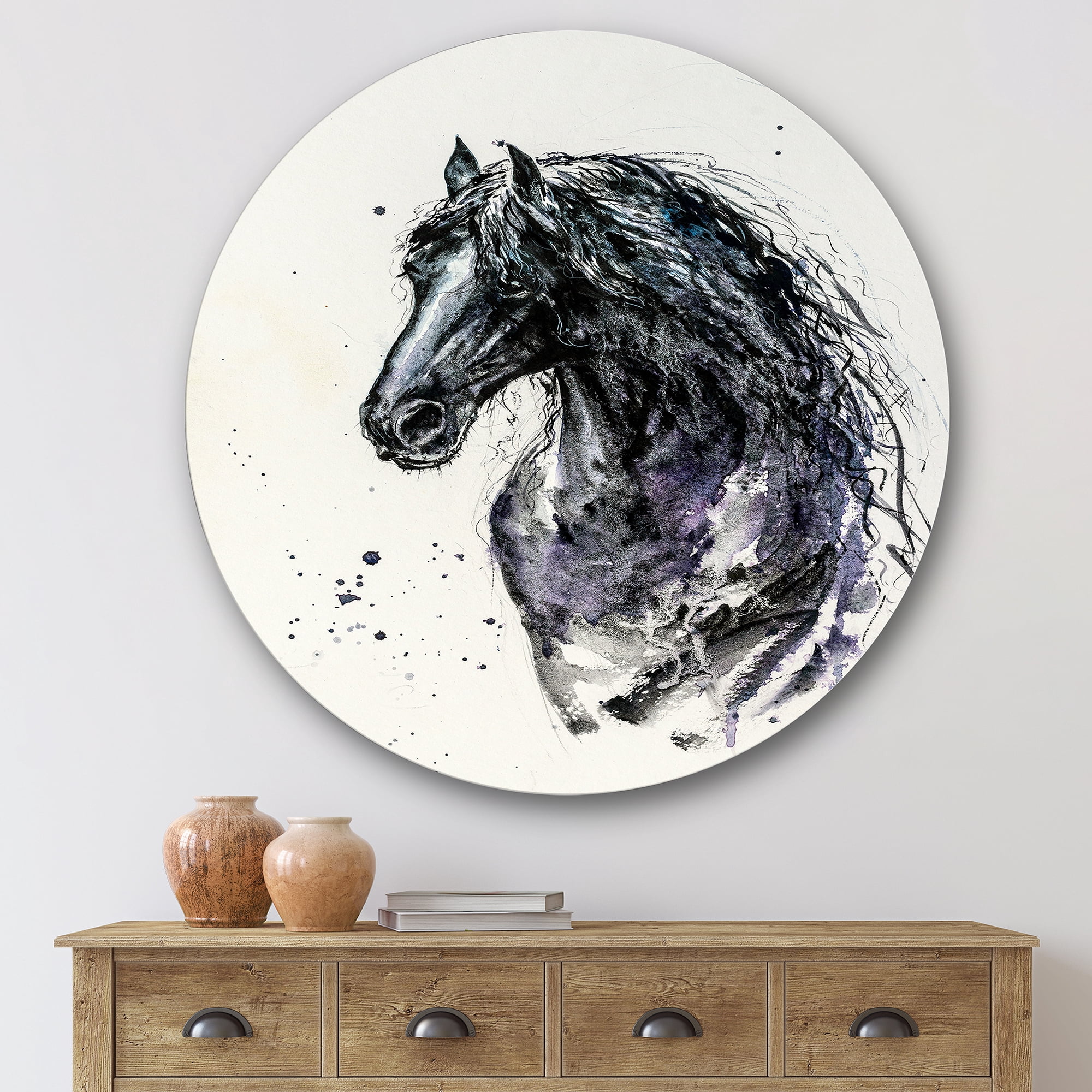 Designart 'Close Up of Friesian Horse With Long Manes' Farmhouse Circle Metal Wall Art 29x29 - Disc of 29