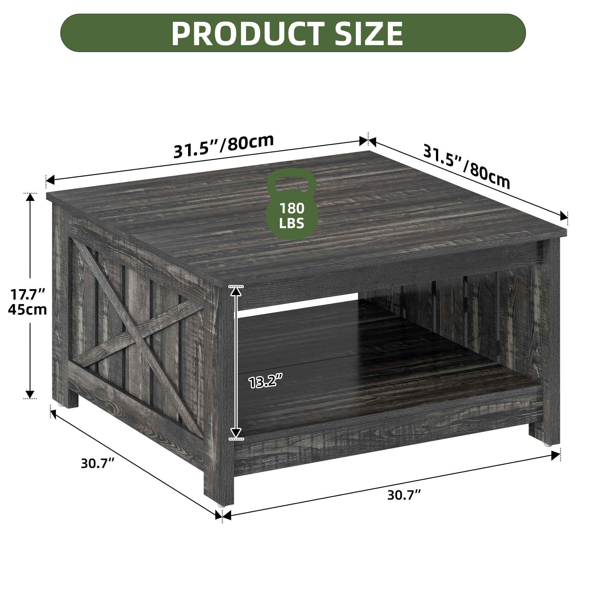 Uforic 80x80x45cm Farmhouse Wood Square Coffee Table, 2-Tier Storage Coffee Table for Living Room (Dark Rustic Oak)