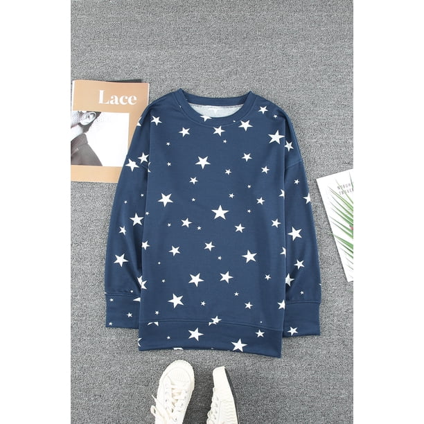 ABPHQTO Top azul de manga larga con estampado de estrellas y cuello redondo Give A Little Love para mujer