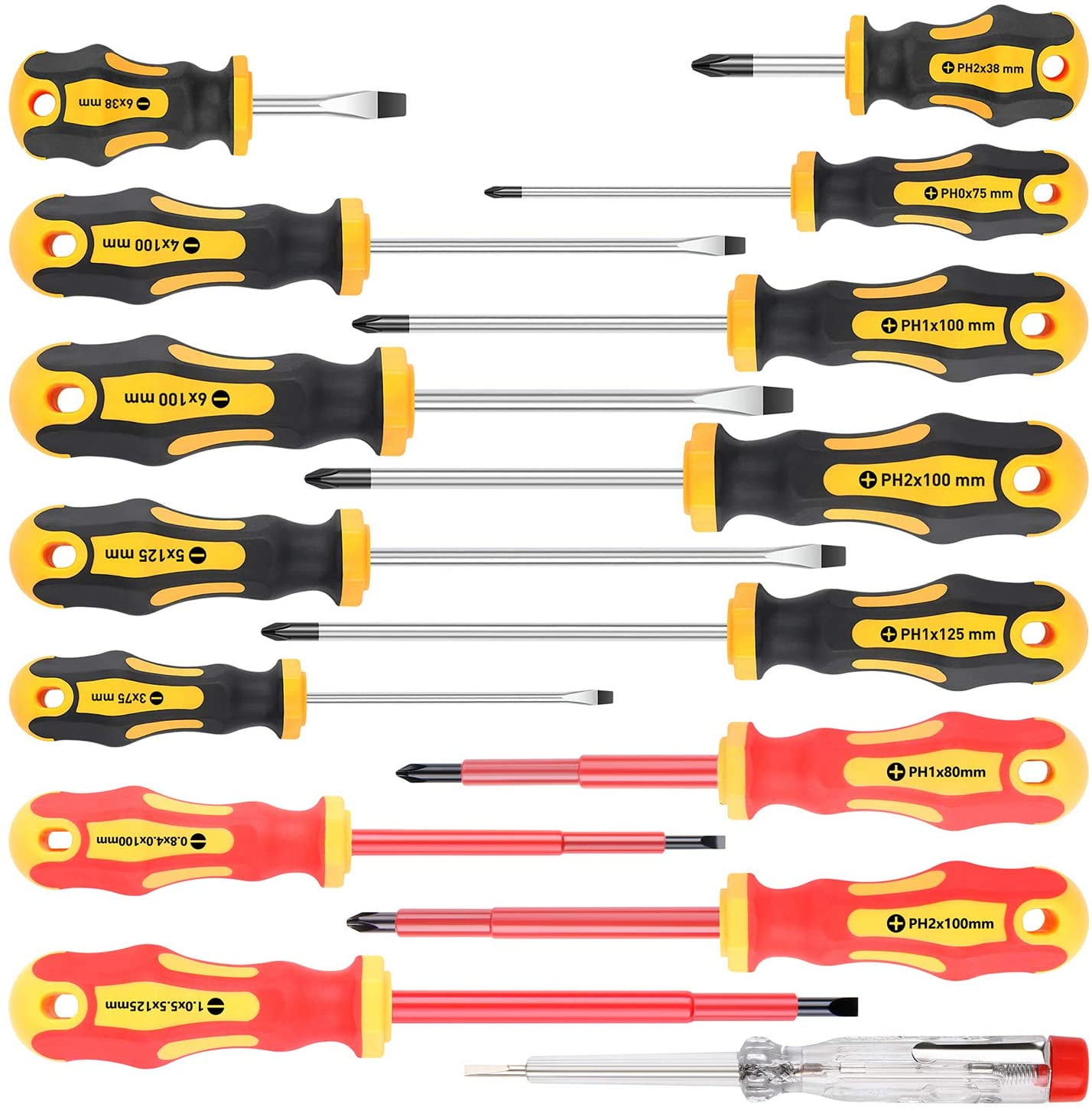 RGHJAR-15-Piece Magnetic Screwdrivers Set, 5 Phillips Slotted Tips and Insulated Screwdriver Set (1000V)Professional Cushion Grip