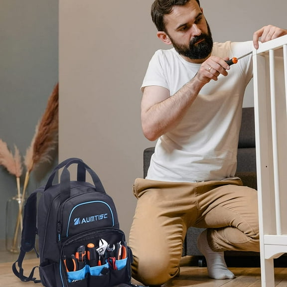 Heavy-Duty Tool Bag Backpack for Men, Blue Construction Work Organizer with Large Storage Pockets