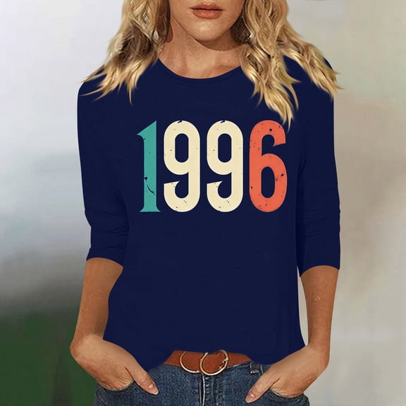 HOMBOM 3/4 Sleeve T-Shirts for Women Graphic Tees Summer Crew Neck Blue Graphic Retro 1996 Print Ladies Tops Lightweight