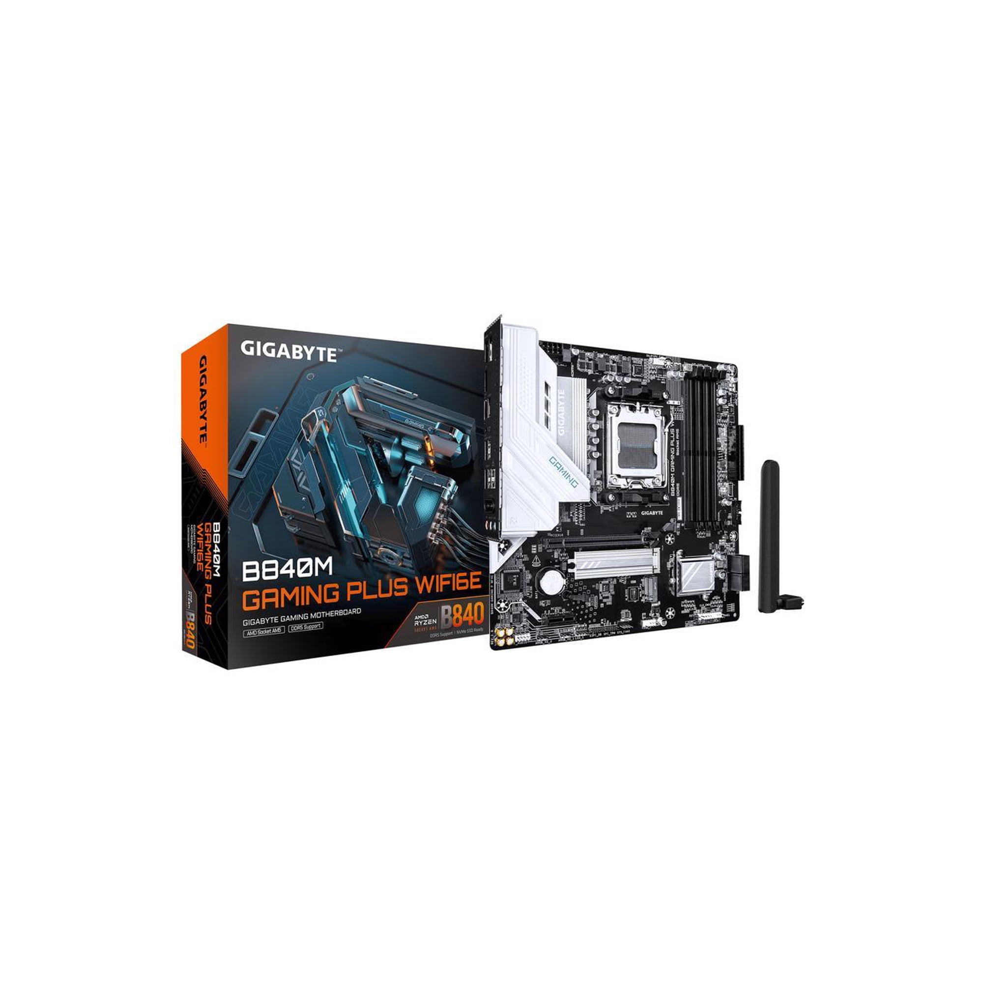 GIGABYTE B840M GAMING PLUS WIFI6E AMD AM5 mATX Motherboard, Support Ryzen 9000/8000/7000 Series, 8+2+2 Power Phase, DDR5, 2x M.2, PCIe 4.0, USB-C 3.2 Gen 1, WiFi 6E, GbE LAN, EZ-Latch, 3-Year Warrant