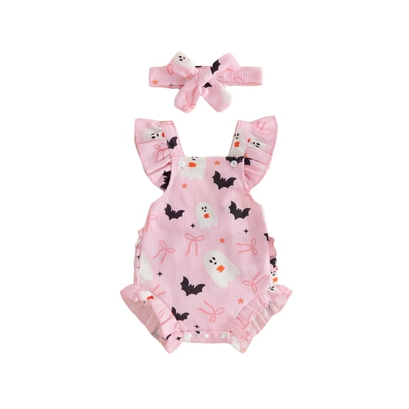 Cenuakty Girls Halloween Outfits Ghost Print Flying Sleeve Romper and Headband